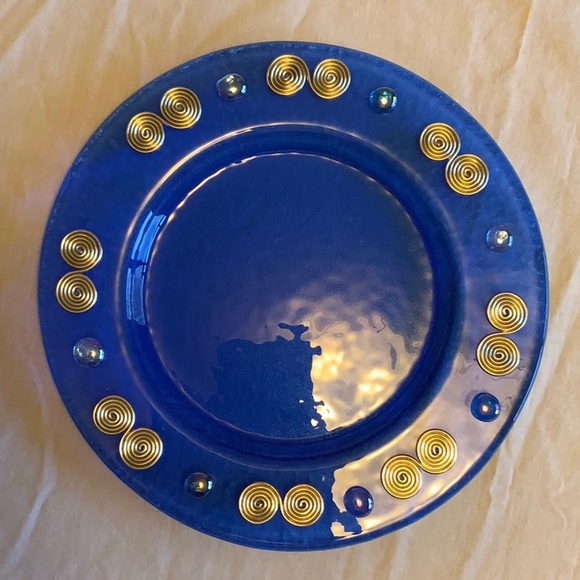 Two Blue Glass Serving Plates with Decorative Glass Beads & Silver Metal Swirls - Picture 3 of 6